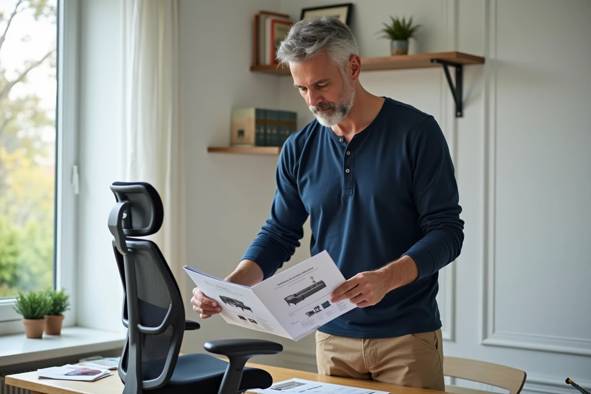 Homme consultant un catalogue de meubles Homcom Canada en français dans un bureau à domicile