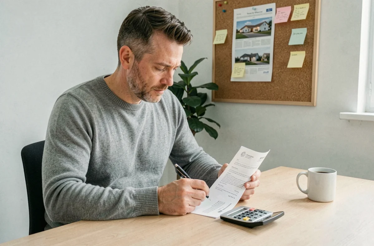 Homme concentré lisant un contrat immobilier à son bureau à domicile, entouré de documents et de fiches de biens immobiliers