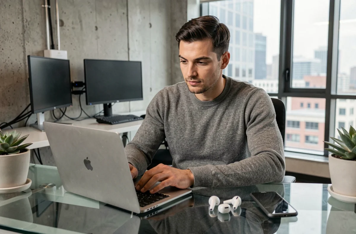 Homme consultant les dernières tendances high-tech sur un ultrabook dans un espace de travail minimaliste