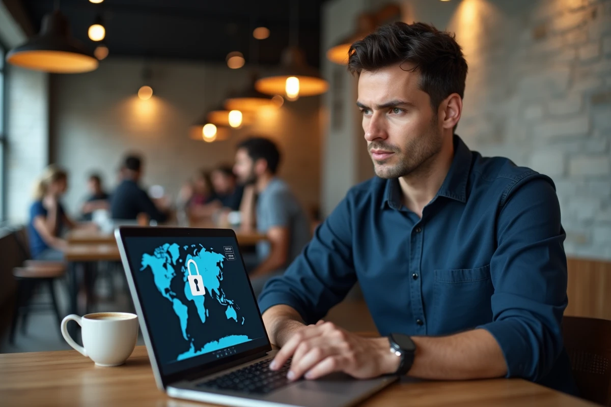 Homme connecté à un VPN dans un café public pour protéger ses données personnelles sur un réseau Wi-Fi non sécurisé