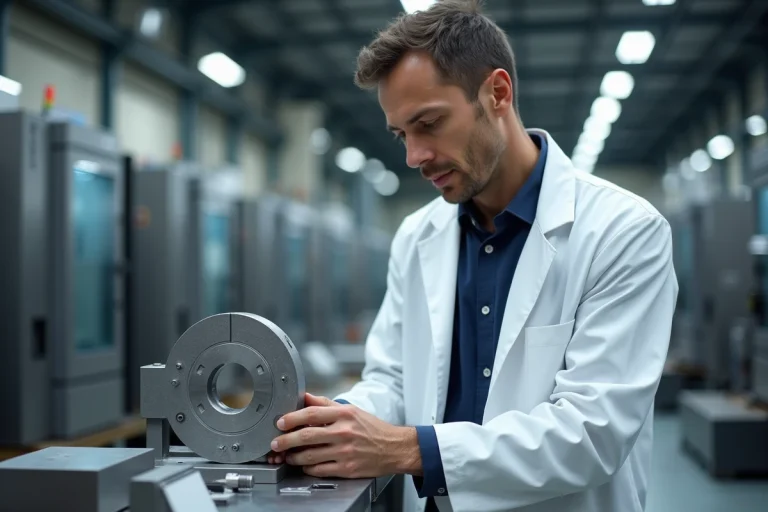 Ingénieur mécanique examinant une pièce usinée CNC en aluminium dans une usine industrielle moderne