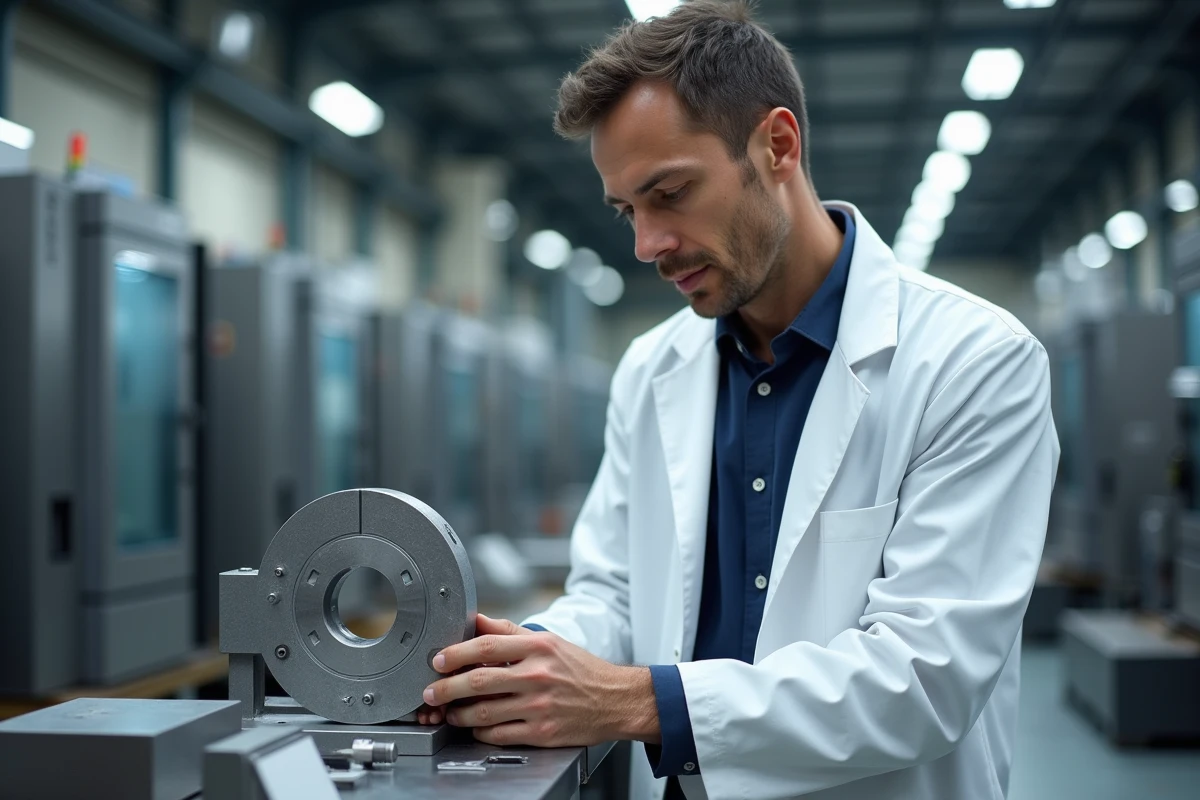 Ingénieur mécanique examinant une pièce usinée CNC en aluminium dans une usine industrielle moderne