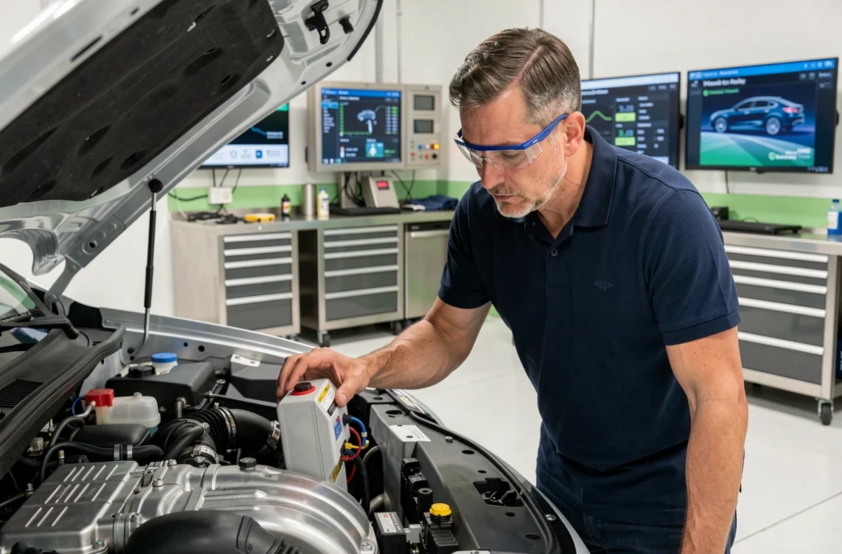 Ingénieur automobile examinant une pile à combustible hydrogène dans un laboratoire de recherche high-tech en 2024