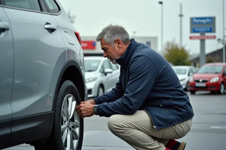 Homme inspectant une voiture familiale d'occasion dans un lot de concessionnaire automobile