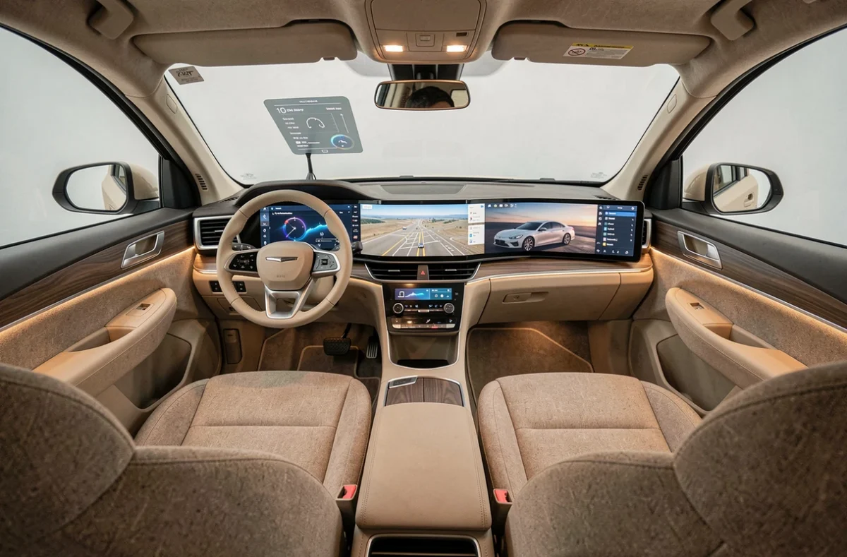 Intérieur futuriste d'un véhicule autonome avec tableau de bord panoramique tactile et sièges en tissu recyclé en 2024