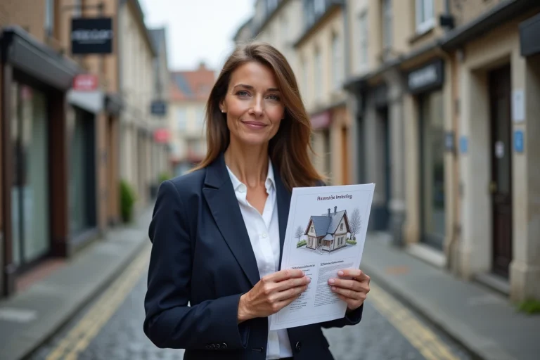 Femme investisseuse immobilière tenant un plan d'investissement devant des maisons à colombages de Rennes
