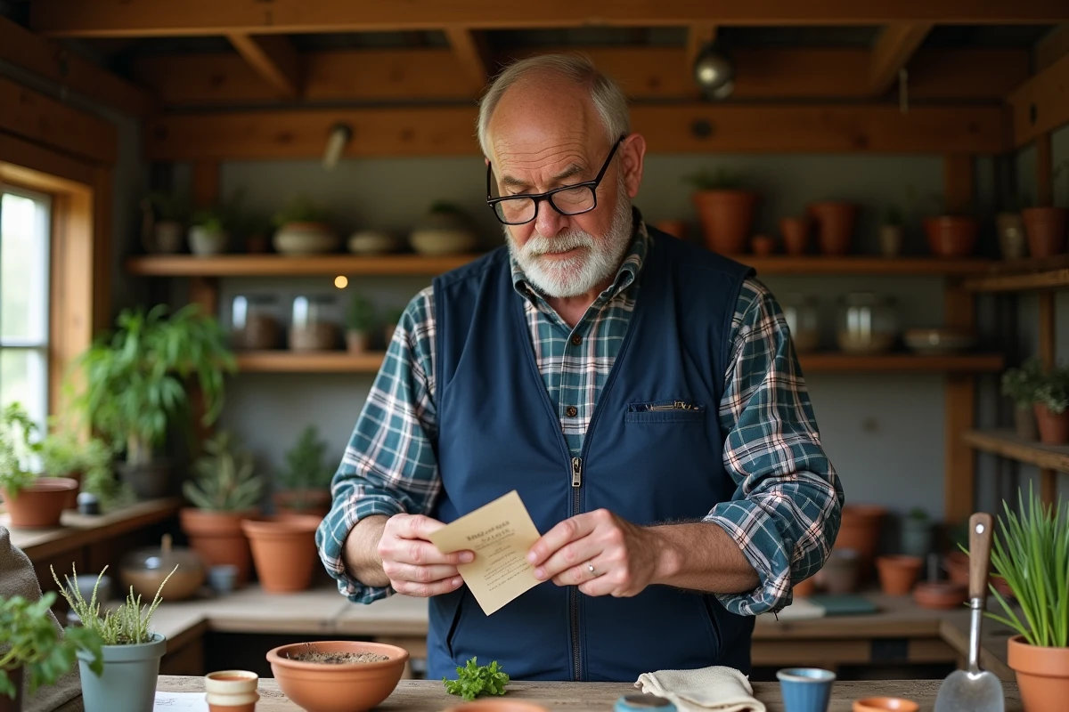 Jardinier âgé lisant une étiquette de plante dans un atelier de jardinage rustique entouré d'outils et de semences