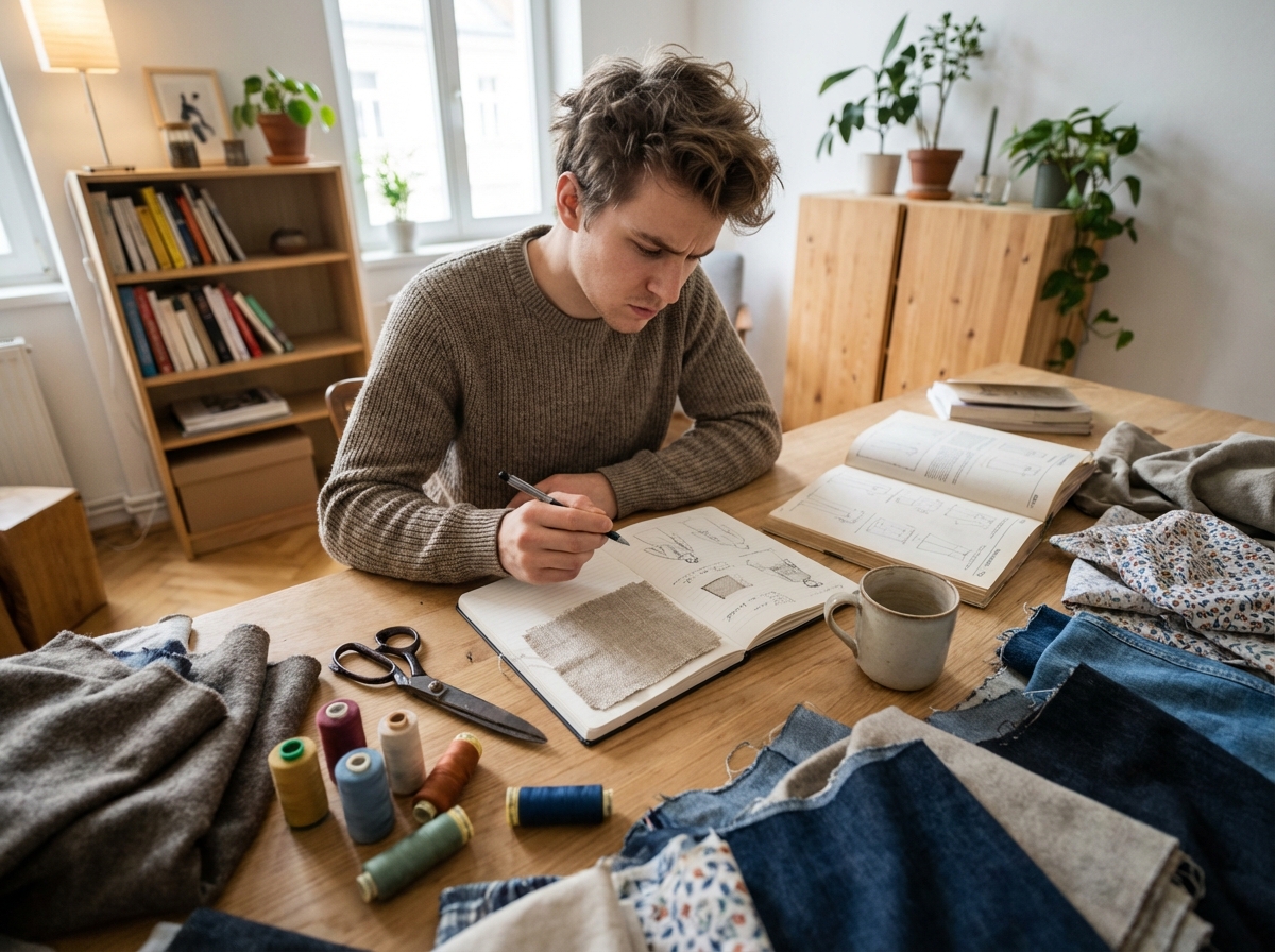 Jeune créateur de mode examine des échantillons de tissu