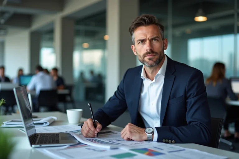 Journaliste masculin en blazer marine analysant les dernières actualités dans une salle de rédaction moderne
