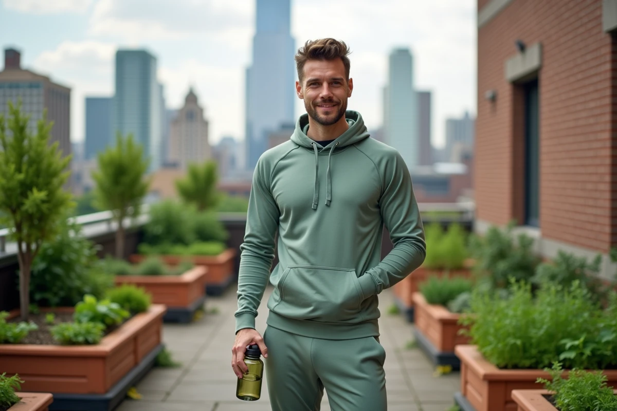 Homme en tenue sportive lifestyle sur un rooftop urbain avec jardin potager et skyline de ville en arrière-plan