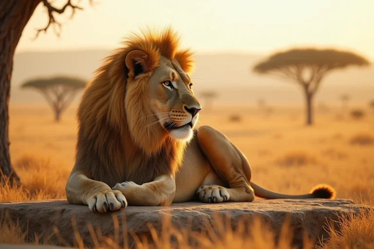 Lion mâle majestueux allongé sur un rocher dans la savane africaine, crinière dorée au vent