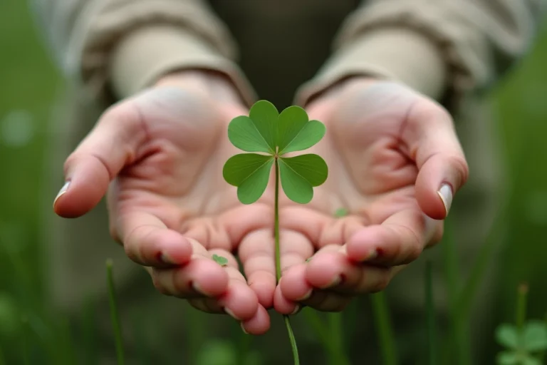 Mains tenant un trèfle à six feuilles rare dans une prairie, signe de chance exceptionnel