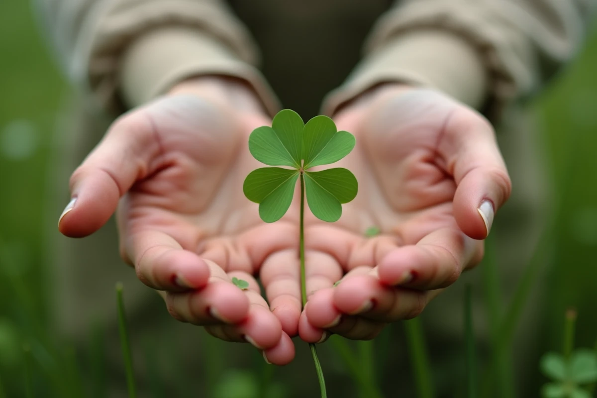 Mains tenant un trèfle à six feuilles rare dans une prairie, signe de chance exceptionnel