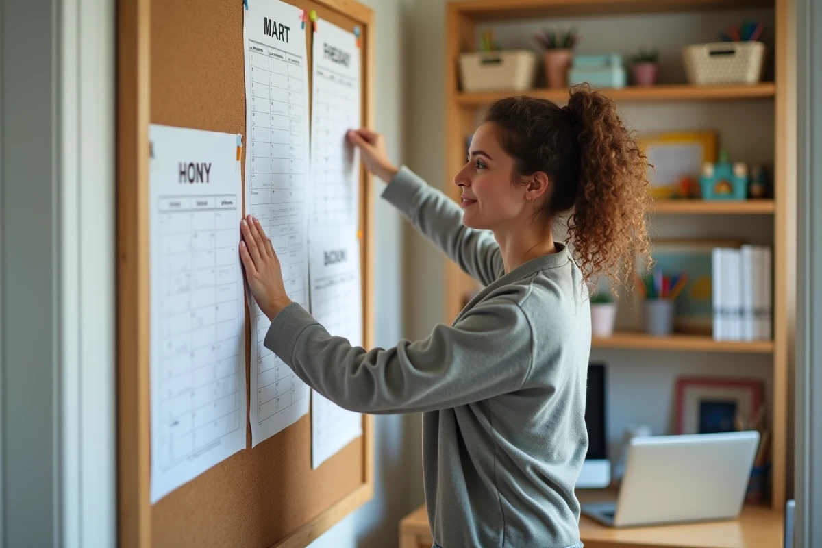 Mère accrochant un calendrier scolaire dans son bureau