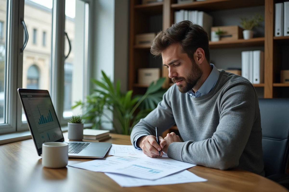 Manager analysant des documents stratégiques à son bureau pour comprendre les enjeux organisationnels et assurer la réussite durable de son entreprise
