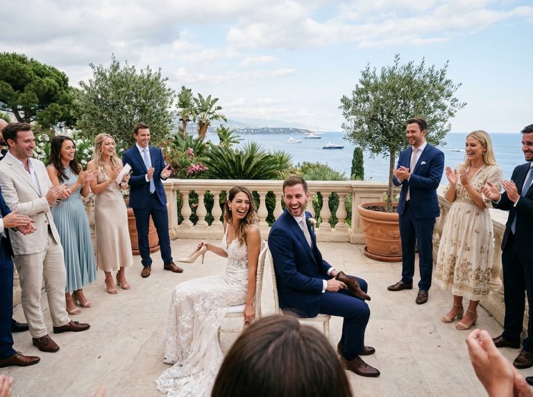 Mariage à Monaco avec un couple et invités souriants