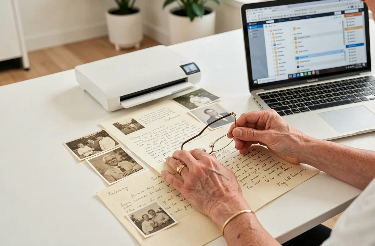 Mains d'une femme numérisant des photographies de famille anciennes et des lettres manuscrites avec un scanner à plat et un ordinateur portable