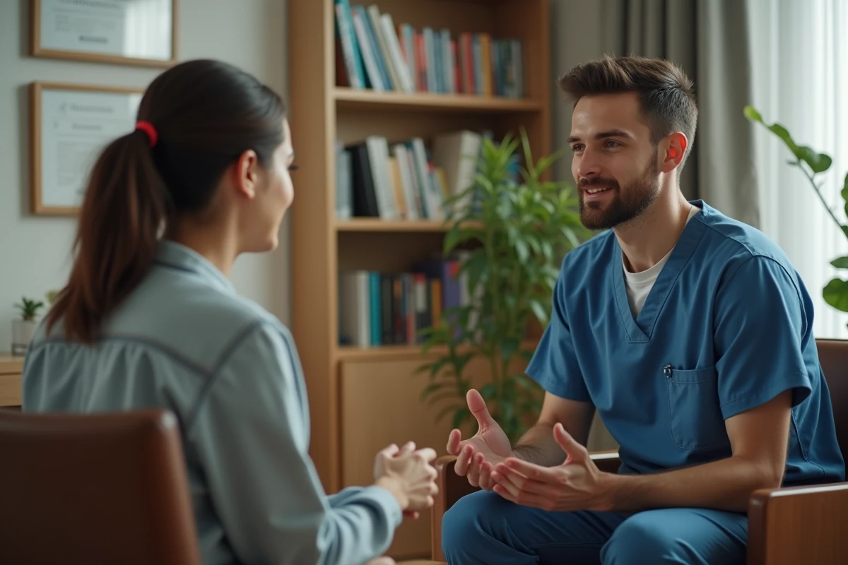 Jeune infirmier écoutant une patiente dans une salle de consultation