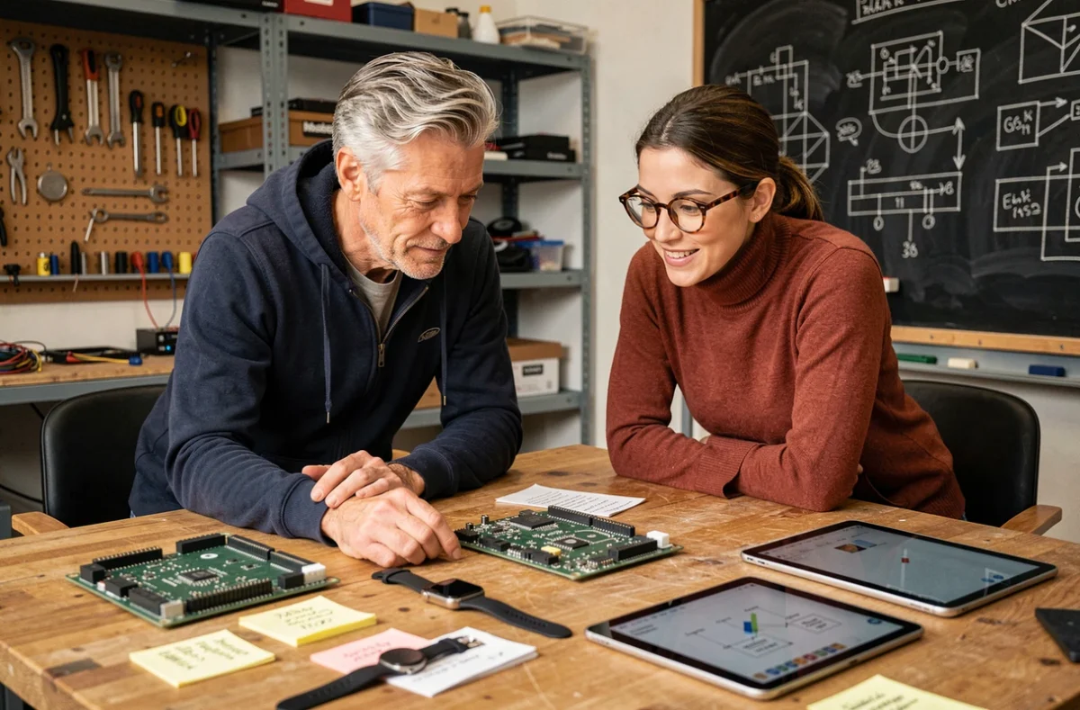 Deux passionnés de technologie collaborant sur des projets high-tech dans un maker space moderne