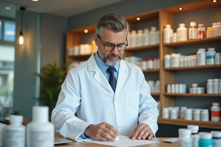 Pharmacien en blouse blanche organise médicaments en pharmacie