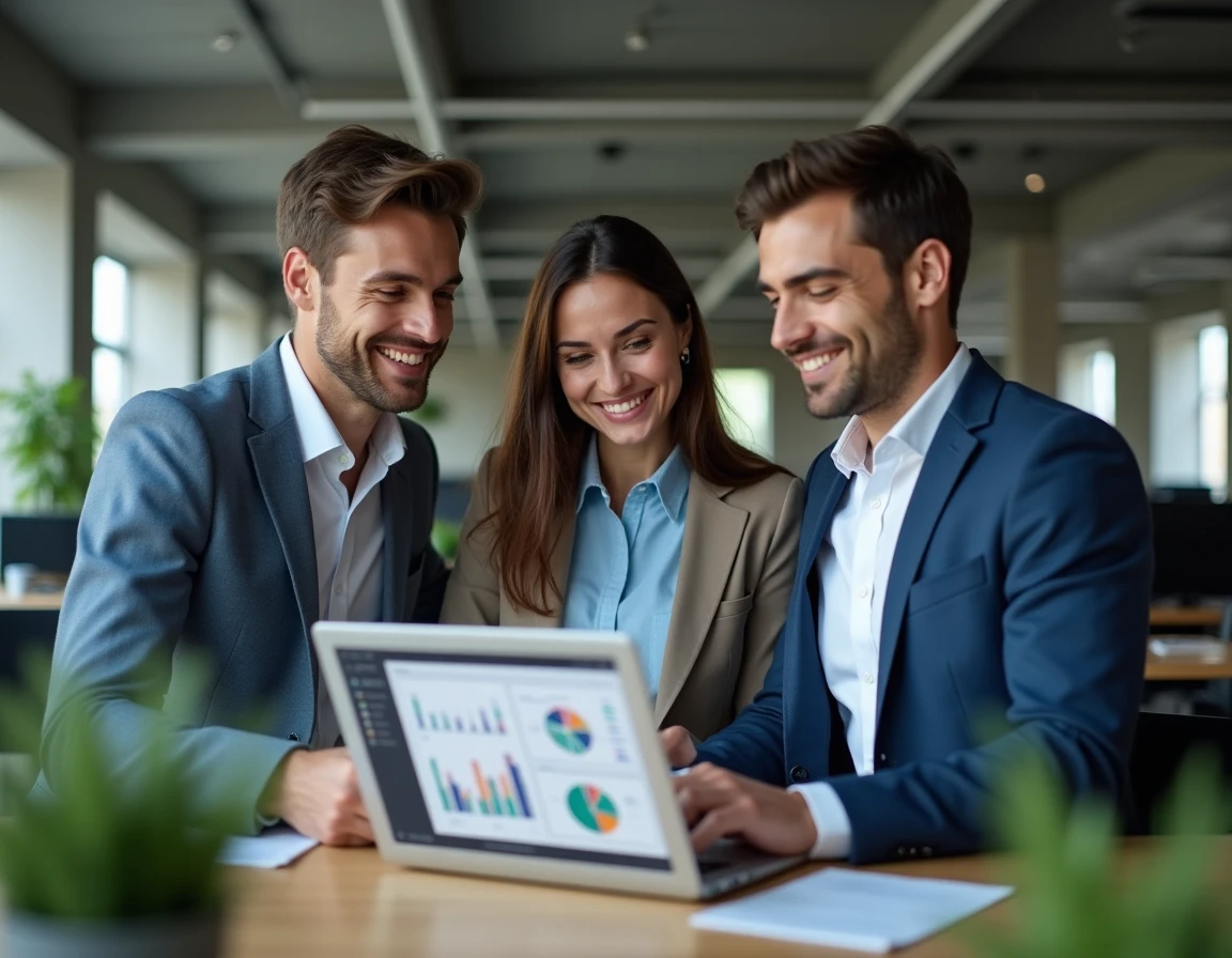 Trois jeunes professionnels en open space discutant d'un comparatif de rémunération dans les cabinets d'audit Big Four
