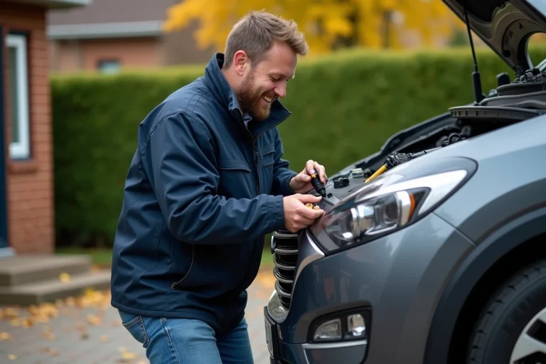 Homme réparant une voiture en extérieur avec sourire