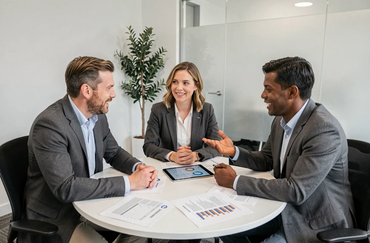 Équipe d'experts consultants en réunion stratégique avec un dirigeant de PME autour d'une table de travail