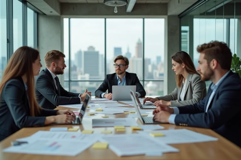 Équipe de professionnels en réunion stratégique autour d'une table de conférence dans un bureau moderne, illustrant les enjeux organisationnels d'une entreprise