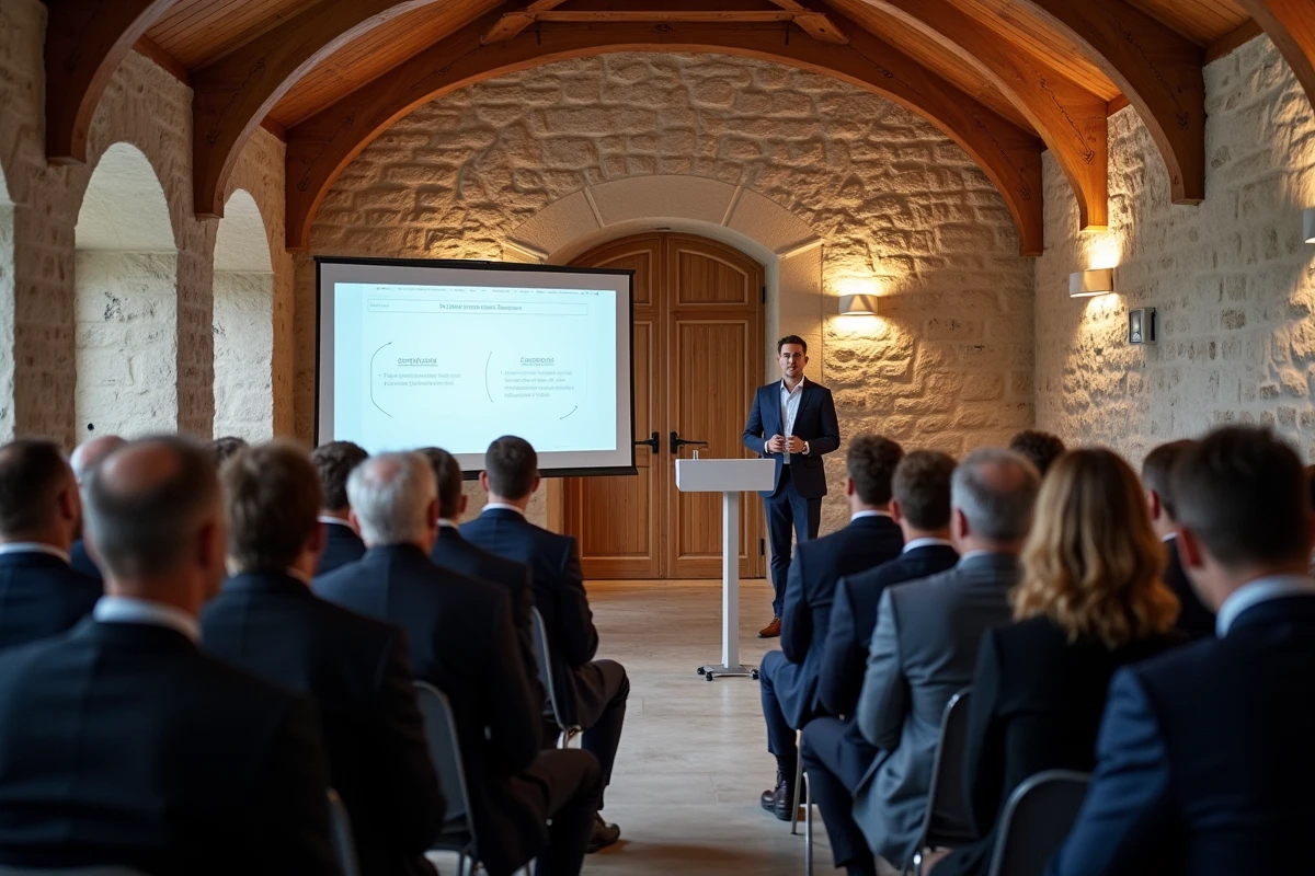 Conférence professionnelle dans la salle Artimon de Quimper avec intervenants et participants en tenue d'affaires