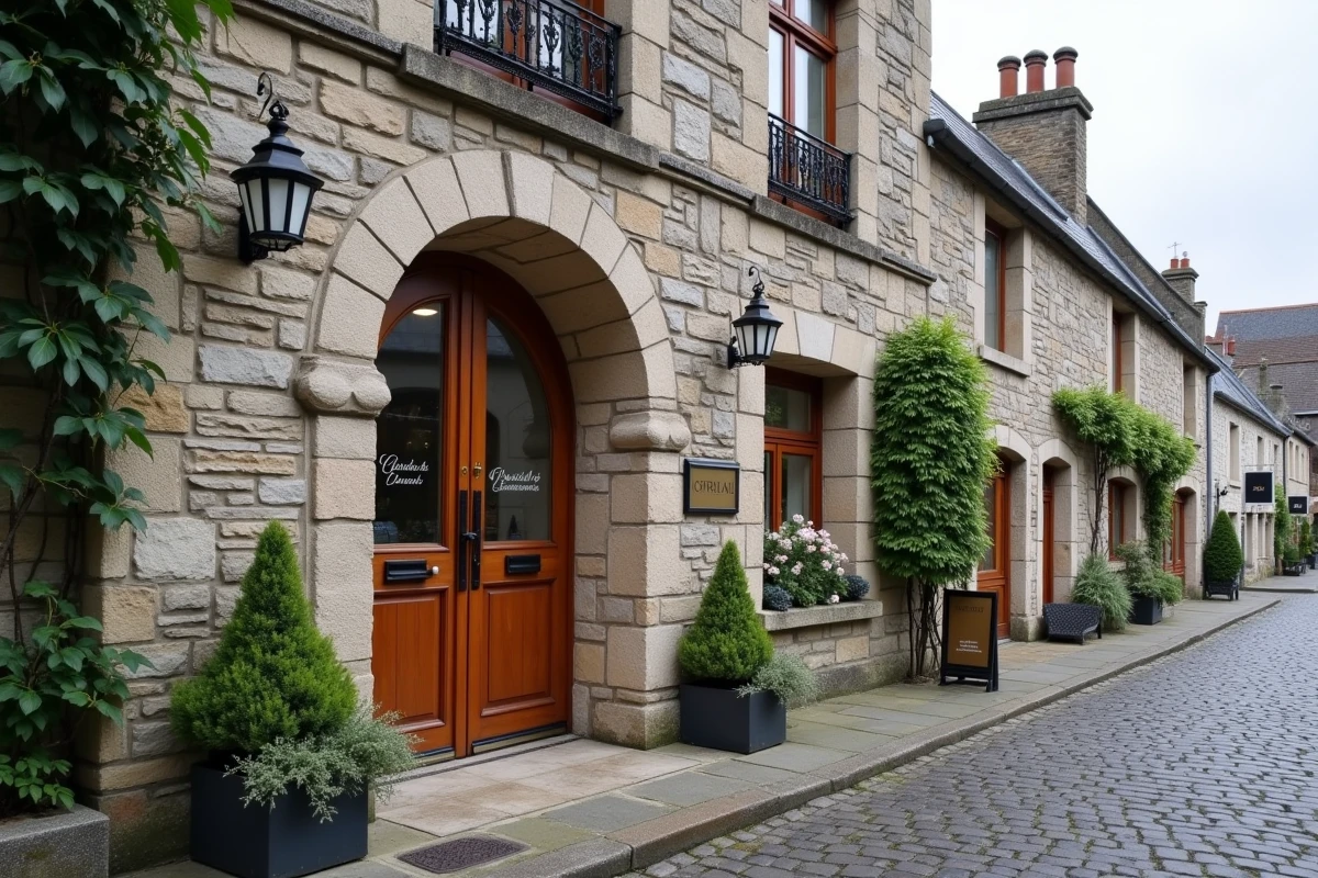 Façade extérieure en pierre de la salle Artimon à Quimper avec entrée décorée et rue pavée bretonne