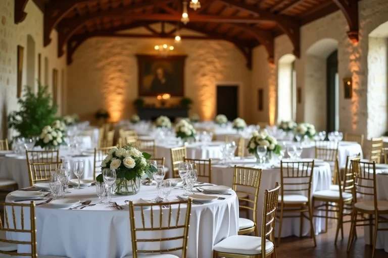 Salle Artimon à Quimper décorée pour une réception de mariage avec tables rondes, nappes blanches et chaises dorées