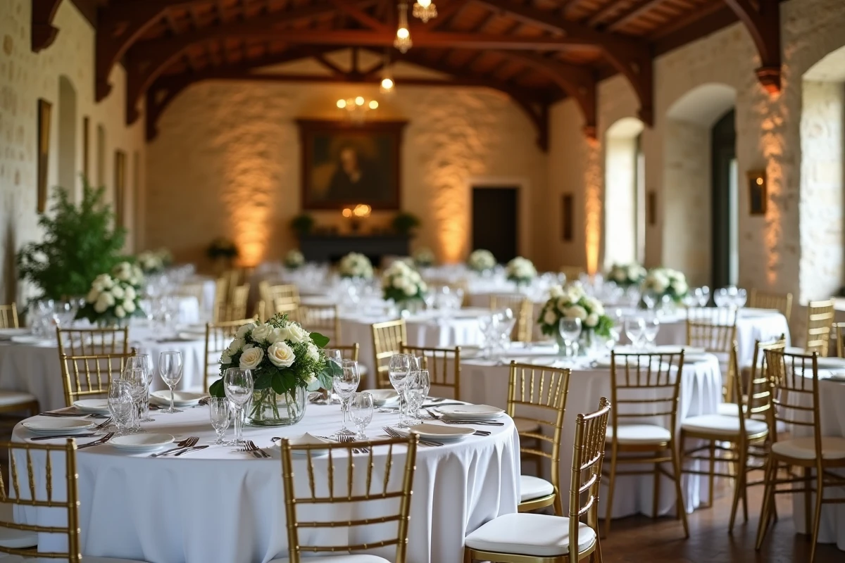 Salle Artimon à Quimper décorée pour une réception de mariage avec tables rondes, nappes blanches et chaises dorées