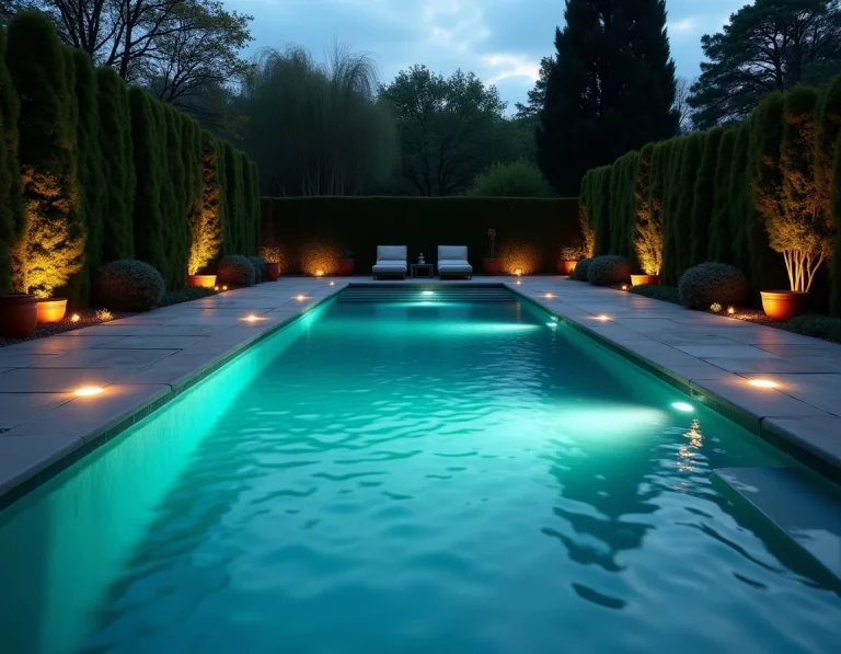 Spots LED sous-marins installés dans une piscine rectangulaire extérieure au crépuscule, éclairage aquatique bleu et turquoise