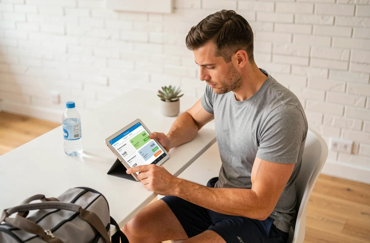 Homme consultant les tarifs et abonnements Basic Fit sur une tablette depuis son domicile