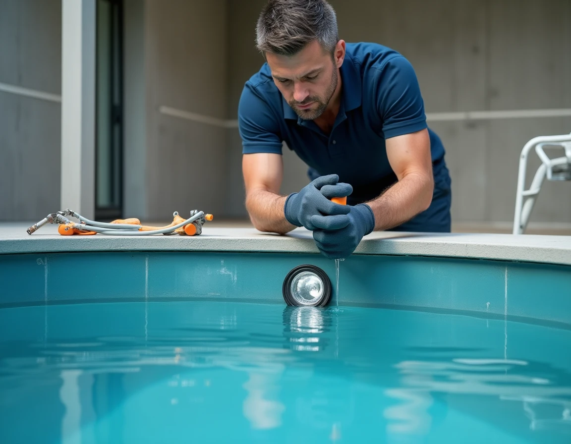 Technicien installant un spot étanche dans la niche d'une piscine, pose professionnelle d'un projecteur subaquatique
