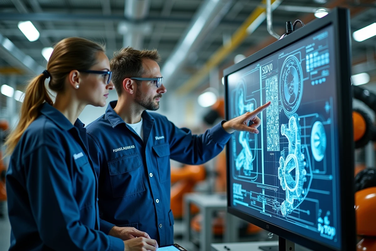 Deux techniciens collaborant sur des schémas CAO 3D dans une usine de fabrication automobile robotisée