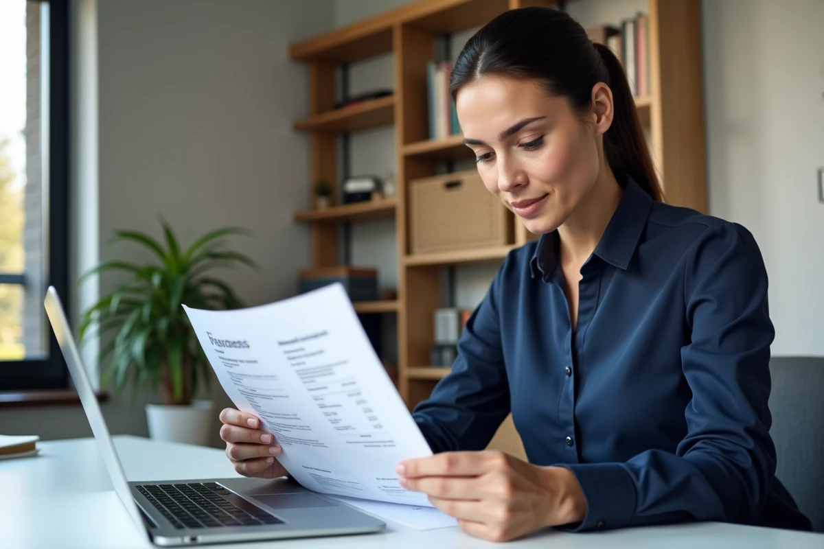 Femme consultant un bulletin de salaire téléchargé depuis Arkevia sur son bureau à domicile