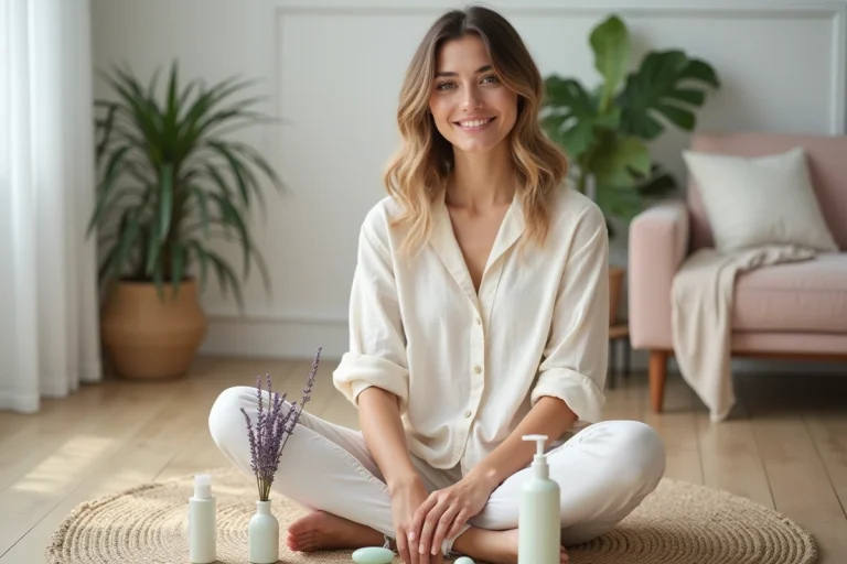 Femme pratiquant sa routine beauté et bien-être avec des produits de soin naturels dans un appartement minimaliste scandinave