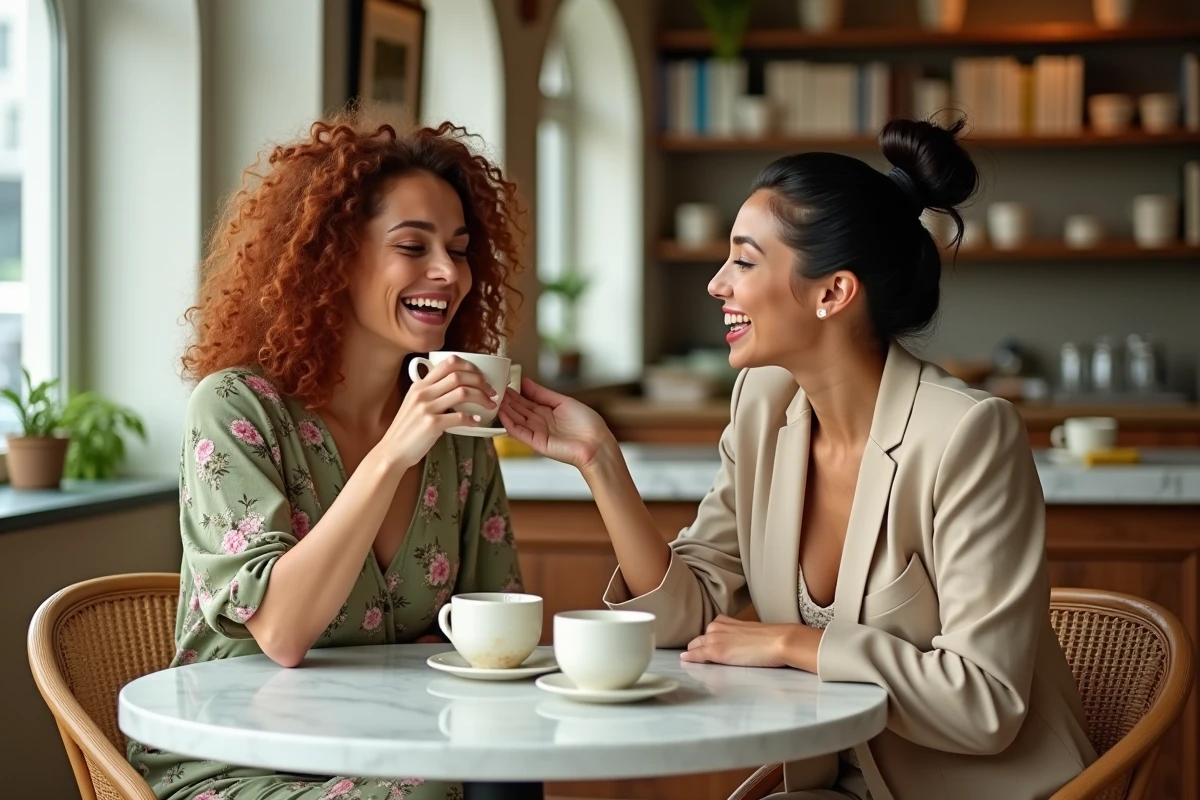 Deux femmes souriantes partageant un moment bien-être autour d'un thé dans un café parisien élégant et lumineux
