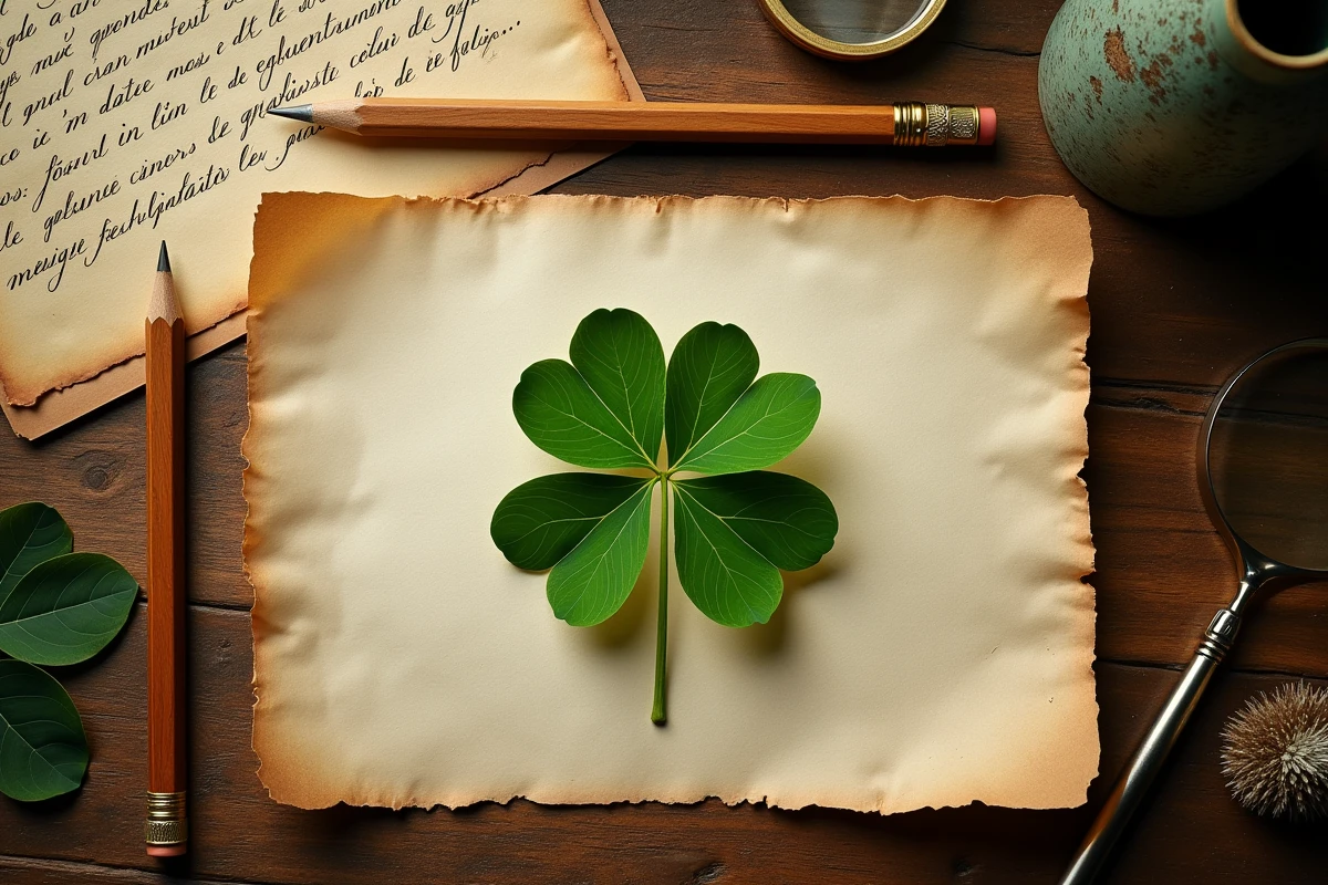Trèfle à sept feuilles séché posé sur des notes botaniques manuscrites avec loupe et crayon