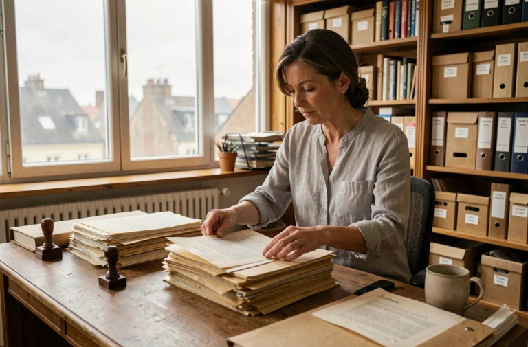 Femme triant des documents d'archives papier dans un bureau à domicile avec des étagères de classeurs et boîtes d'archivage