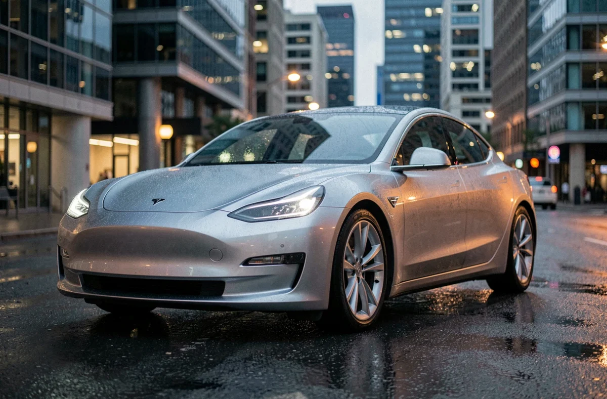 Voiture électrique innovante garée dans une rue urbaine sous la pluie, illustrant les dernières tendances automobiles de 2024
