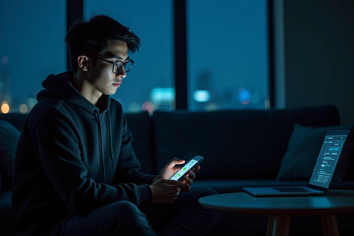 Jeune personne activant un VPN sur smartphone et ordinateur portable depuis son salon pour protéger sa vie privée en ligne